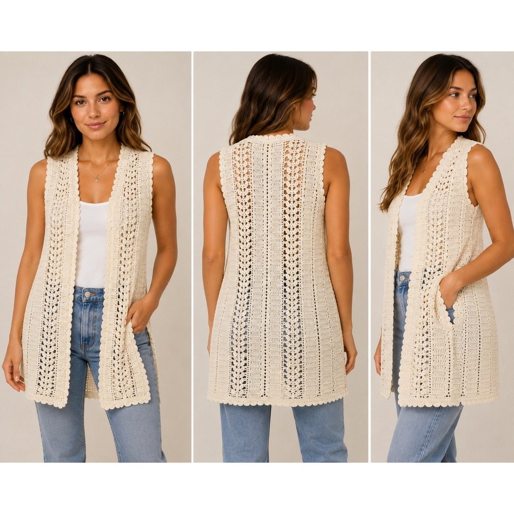 Boho Cream Crochet Open‎ Knit Longline Vest Scalloped Trim Sleeveless Cardigan